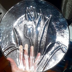 Vintage Glass serving/ cake plate with Roses 12 1/2in. Round.